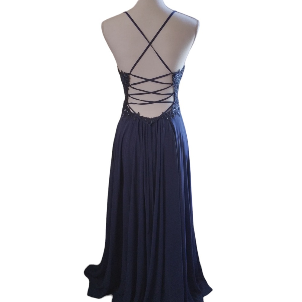 Faviana maxi dress womens sz 2 prom formal glam sequin crisscross back y2k blue - Picture 3 of 13